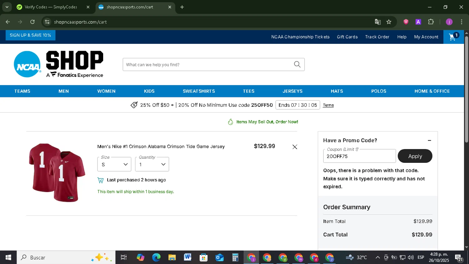 NCAA Store coupon code screenshot showing code 20OFF75 applied at NCAA Store checkout page. Uploaded by SimplyCodes community member Tazbravo on Oct 26, 2025