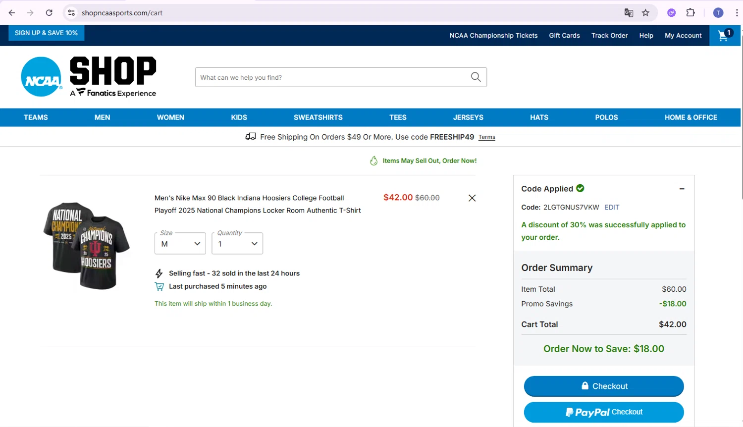 NCAA Store checkout page showing NCAA Store coupon code box | Screenshot taken by SimplyCodes community member on Feb 2, 2026