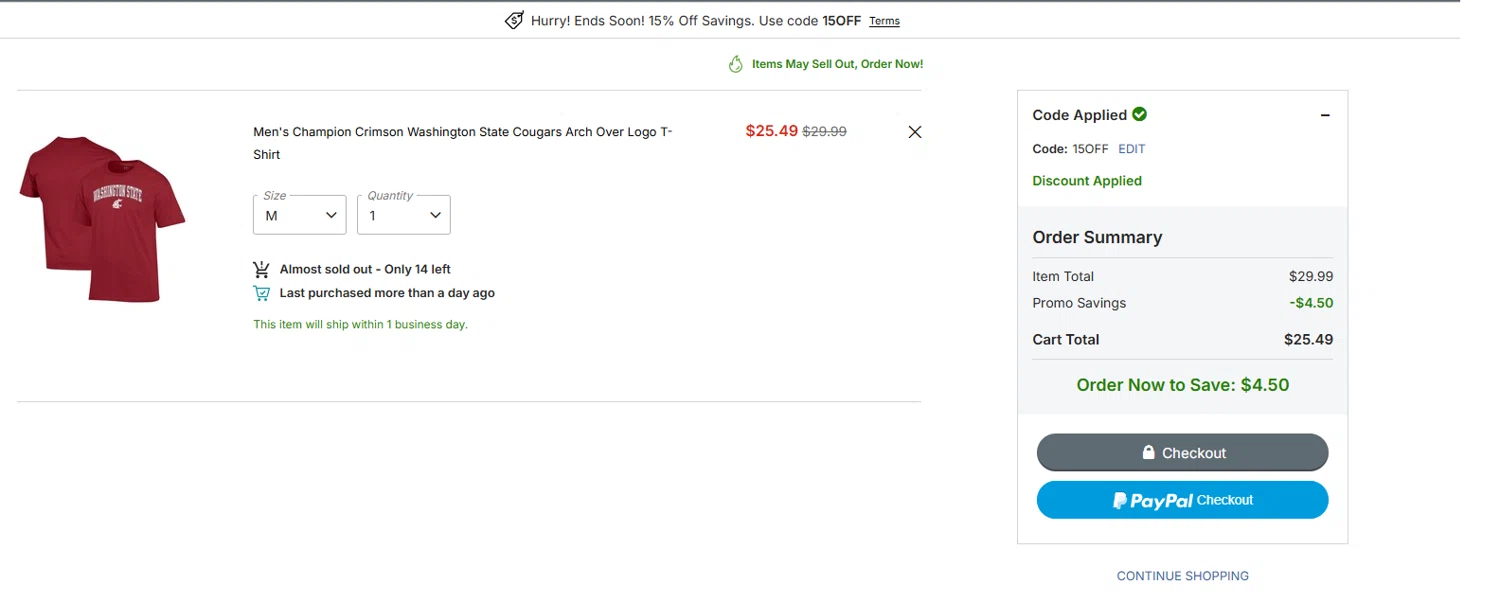 NCAA Store coupon code screenshot showing code 15OFF applied at NCAA Store checkout page. Uploaded by SimplyCodes community member Dulce__ on Feb 3, 2026