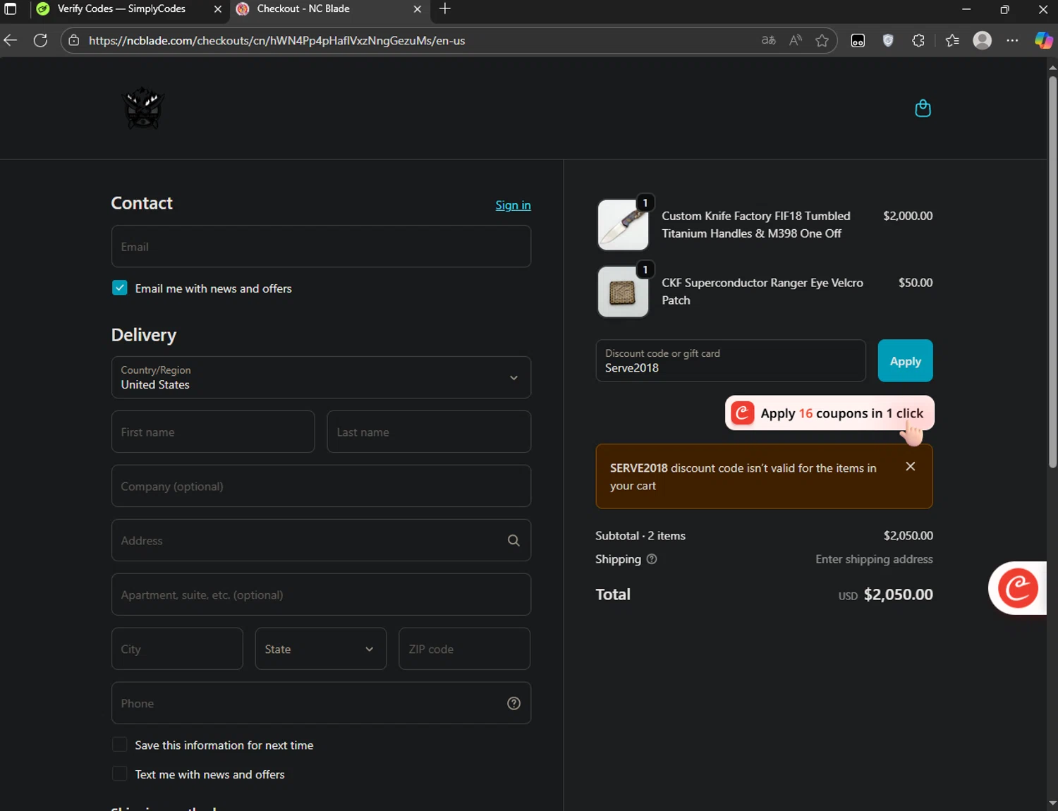 NC Blade discount code screenshot showing code Serve2018 applied at NC Blade checkout page. Uploaded by SimplyCodes community member CoinRanger3407 on Oct 22, 2025