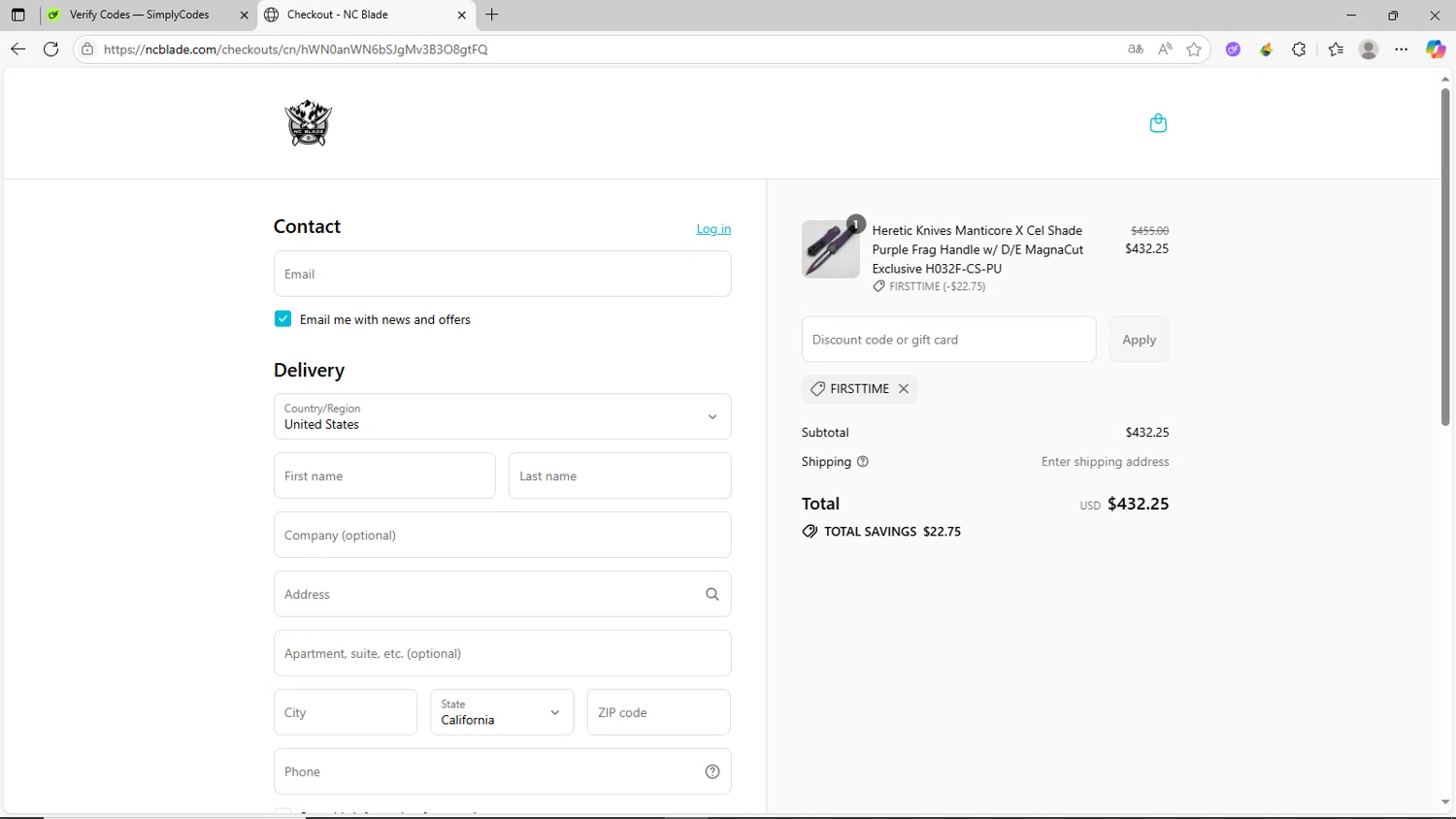 NC Blade discount code screenshot showing code firsttime applied at NC Blade checkout page. Uploaded by SimplyCodes community member CrownShopper2899 on Jul 13, 2025