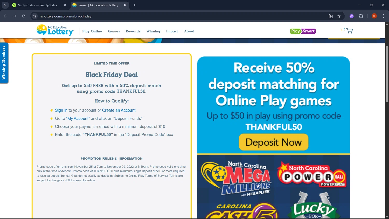 NC Lottery promo code screenshot showing code THANKFUL50 applied at NC Lottery checkout page. Uploaded by SimplyCodes community member RoyalSaver3150 on Dec 29, 2025