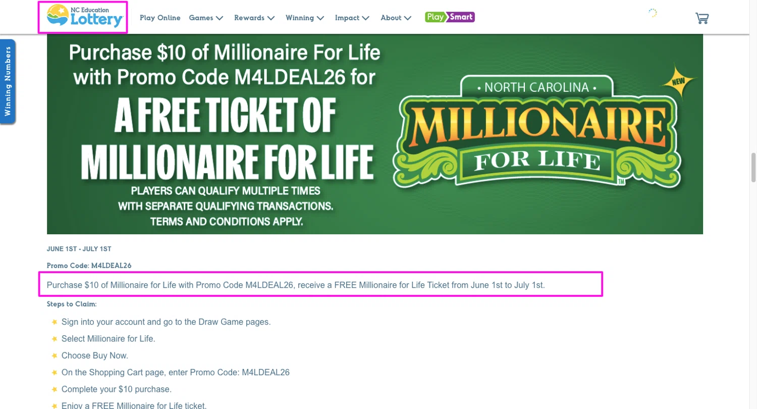 NC Lottery promo code screenshot showing code M4LDEAL26 applied at NC Lottery checkout page. Uploaded by SimplyCodes community member chandlerbing on Jun 2, 2026