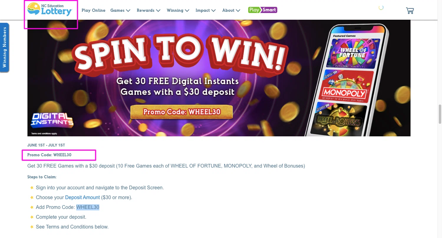 NC Lottery promo code screenshot showing code WHEEL30 applied at NC Lottery checkout page. Uploaded by SimplyCodes community member chandlerbing on Jun 6, 2026