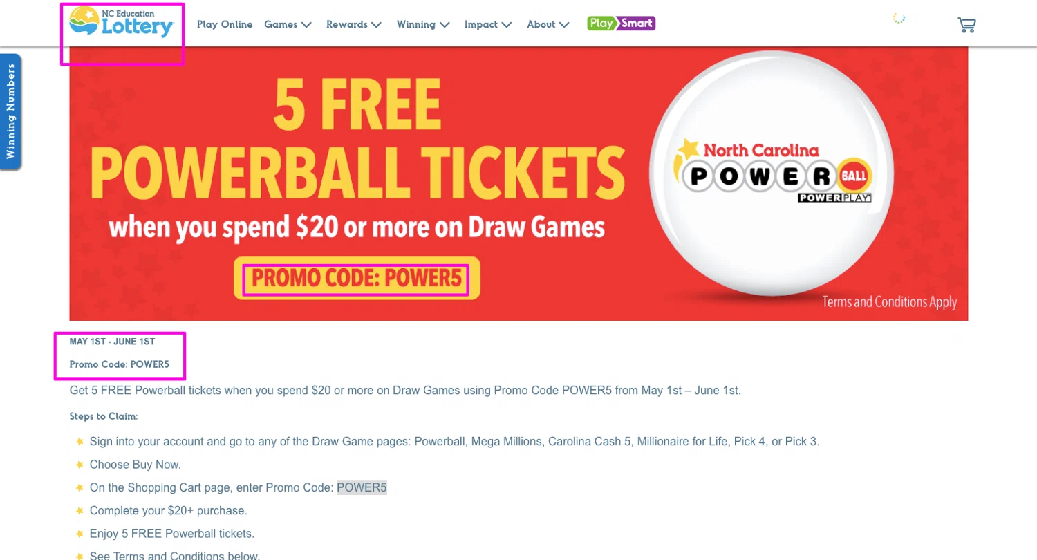 NC Lottery promo code screenshot showing code POWER5 applied at NC Lottery checkout page. Uploaded by SimplyCodes community member mrdarcy on May 29, 2026