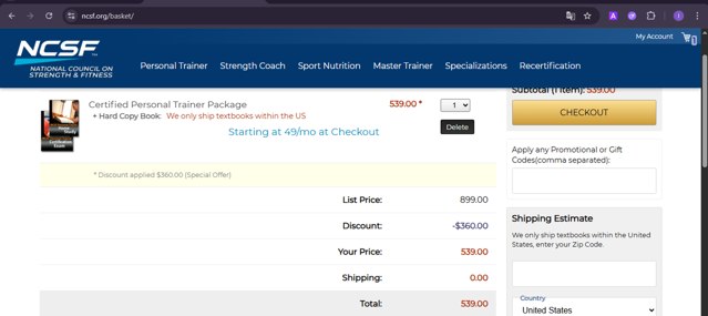 NCSF checkout page showing NCSF promo code box | Screenshot taken by SimplyCodes community member on Aug 12, 2025