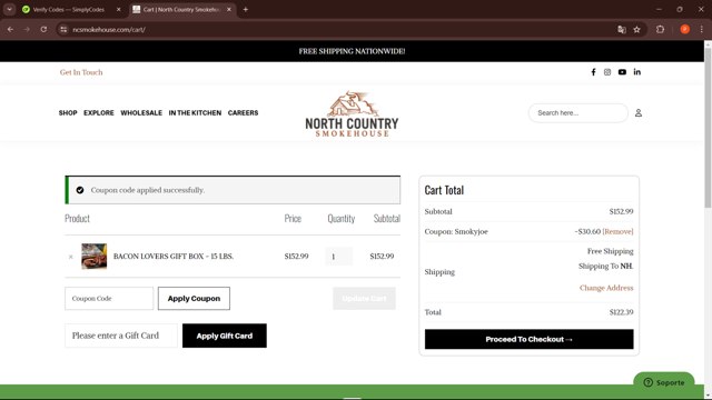 North Country Smokehouse checkout page showing North Country Smokehouse discount code box | Screenshot taken by SimplyCodes community member on Jul 25, 2024