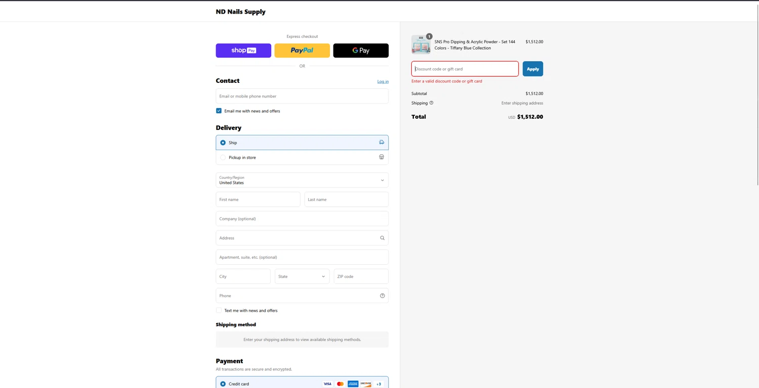 ND Nails Supply discount code screenshot showing code save10 applied at ND Nails Supply checkout page. Uploaded by SimplyCodes community member bluemoony on Mar 17, 2025