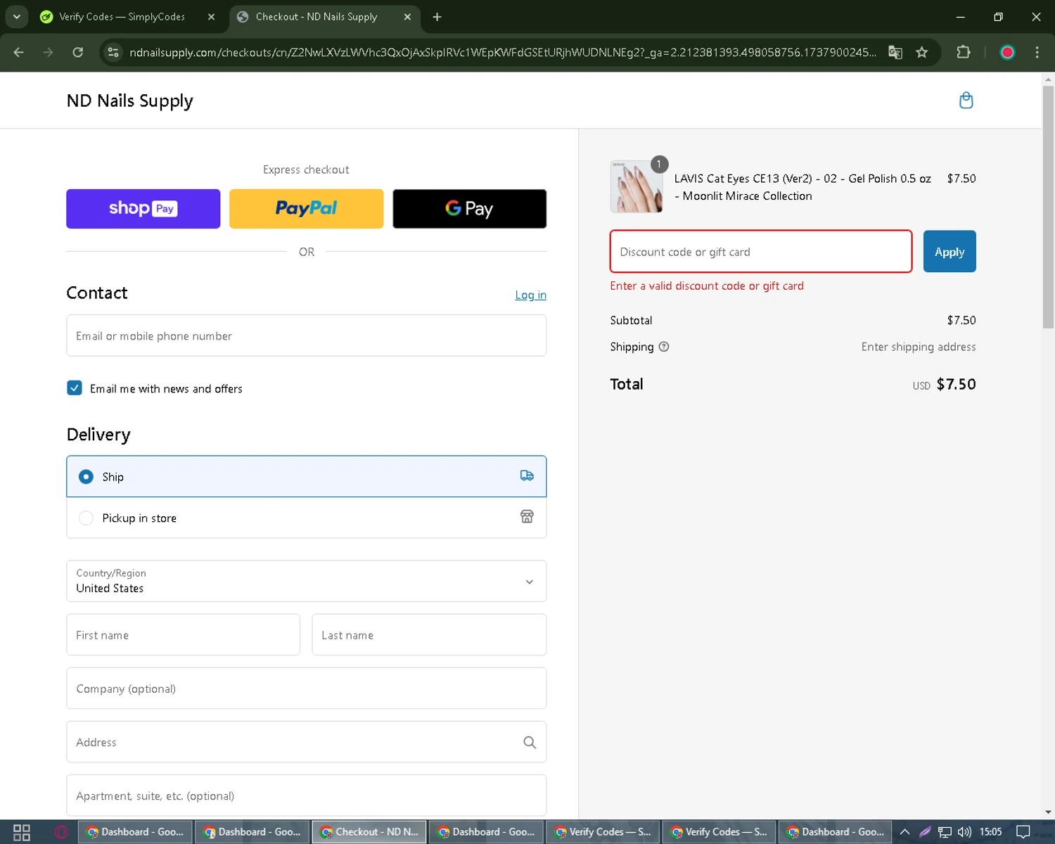 ND Nails Supply discount code screenshot showing code save10 applied at ND Nails Supply checkout page. Uploaded by SimplyCodes community member Joseph_Davis on Jan 26, 2025
