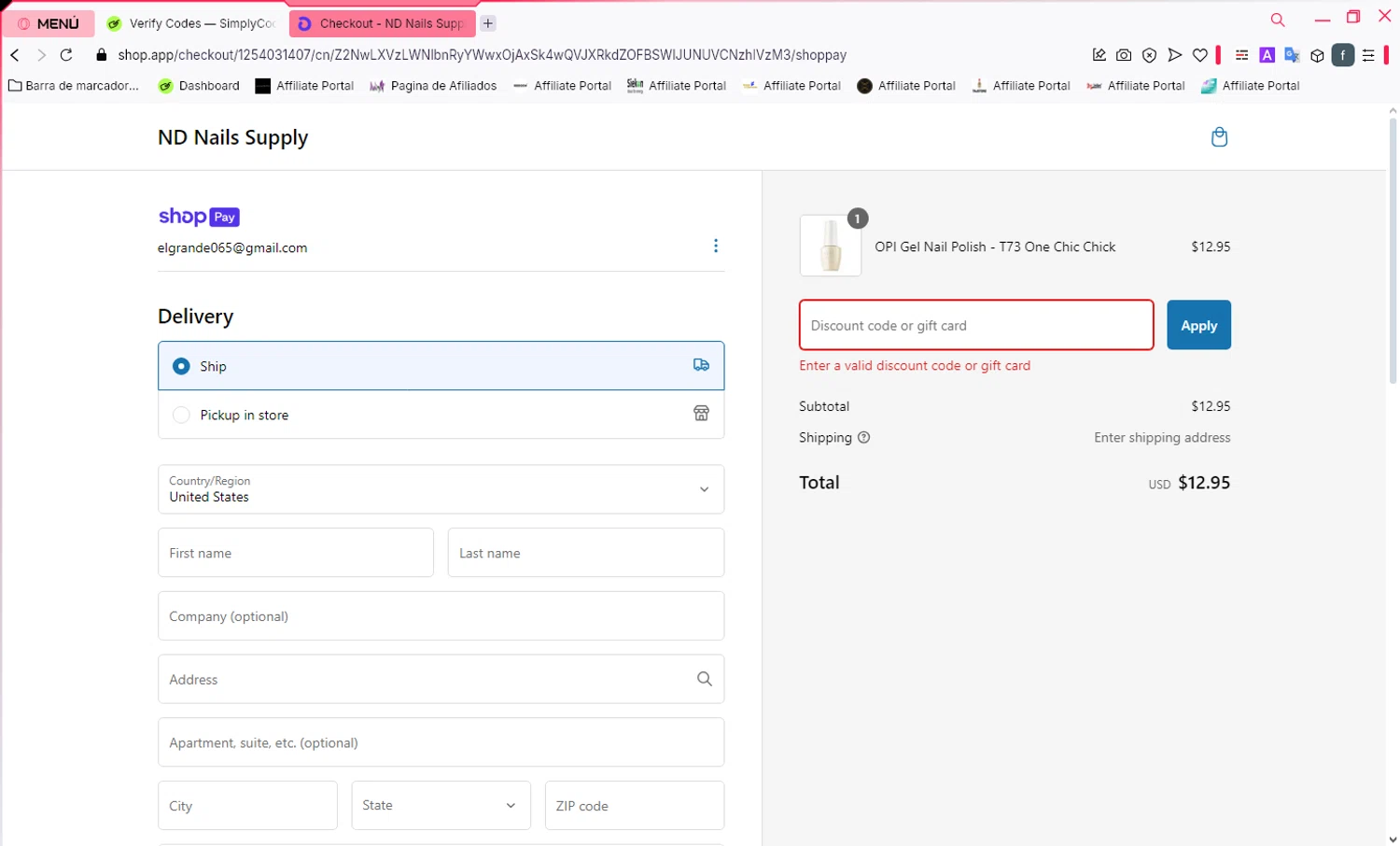 ND Nails Supply discount code screenshot showing code extra10off applied at ND Nails Supply checkout page. Uploaded by SimplyCodes community member SmartElite7457 on Feb 26, 2025
