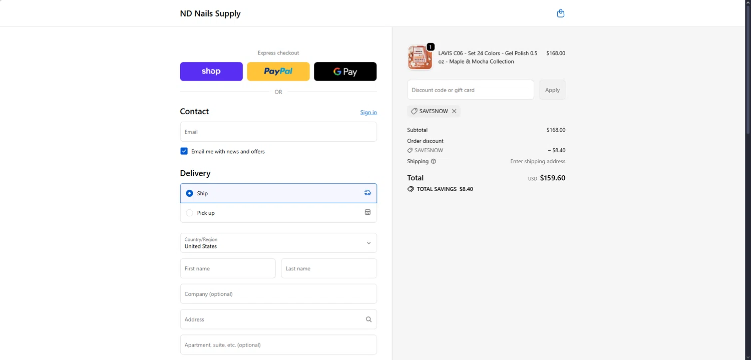 ND Nails Supply discount code screenshot showing code SAVE5NOW applied at ND Nails Supply checkout page. Uploaded by SimplyCodes community member Dorothy on Dec 30, 2025