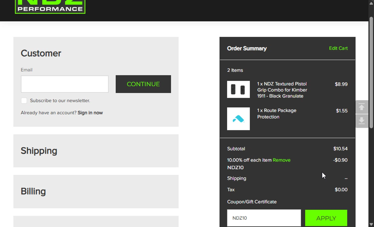 NDZ Performance coupon code screenshot showing code NDZ10 applied at NDZ Performance checkout page. Uploaded by SimplyCodes community member 111111 on Oct 28, 2025