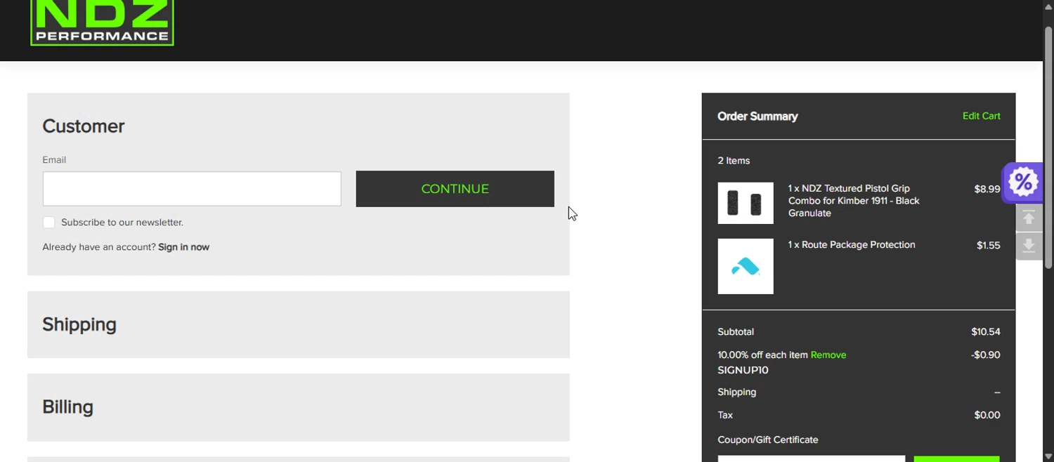 NDZ Performance coupon code screenshot showing code SIGNUP10 applied at NDZ Performance checkout page. Uploaded by SimplyCodes community member 111111 on Oct 28, 2025