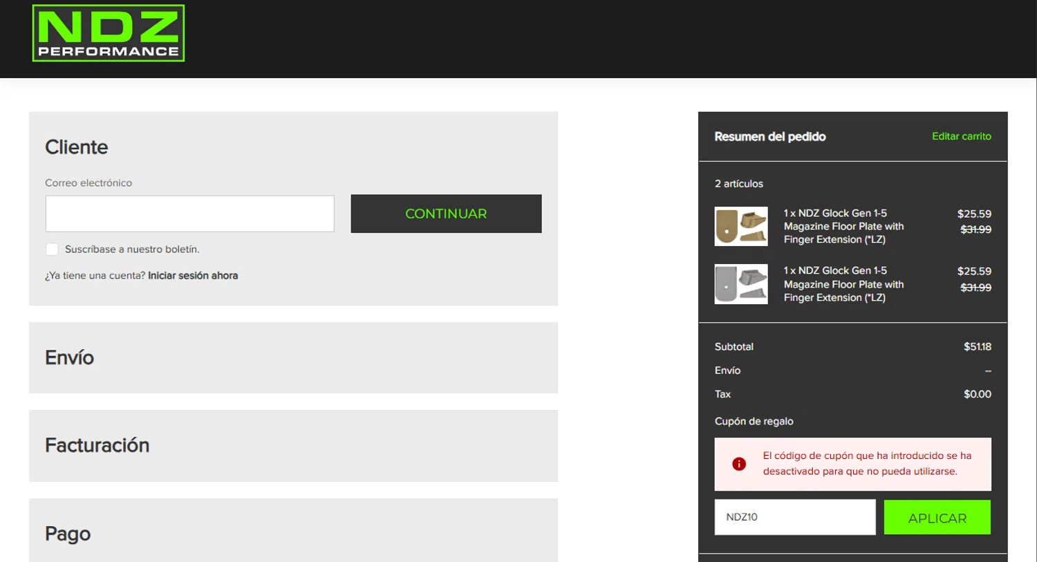 NDZ Performance coupon code screenshot showing code NDZ10 applied at NDZ Performance checkout page. Uploaded by SimplyCodes community member Camila on Sep 1, 2025
