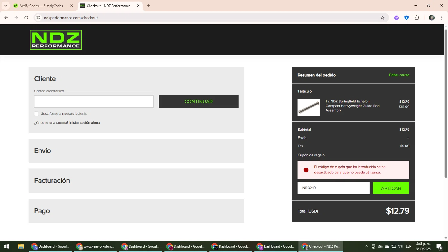 NDZ Performance coupon code screenshot showing code INBOX10 applied at NDZ Performance checkout page. Uploaded by SimplyCodes community member CleverLynx6871 on Oct 3, 2025