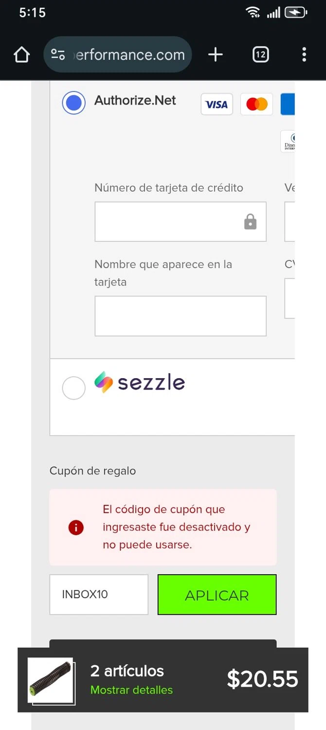 NDZ Performance coupon code screenshot showing code INBOX10 applied at NDZ Performance checkout page. Uploaded by SimplyCodes community member franksanchez on Oct 3, 2025