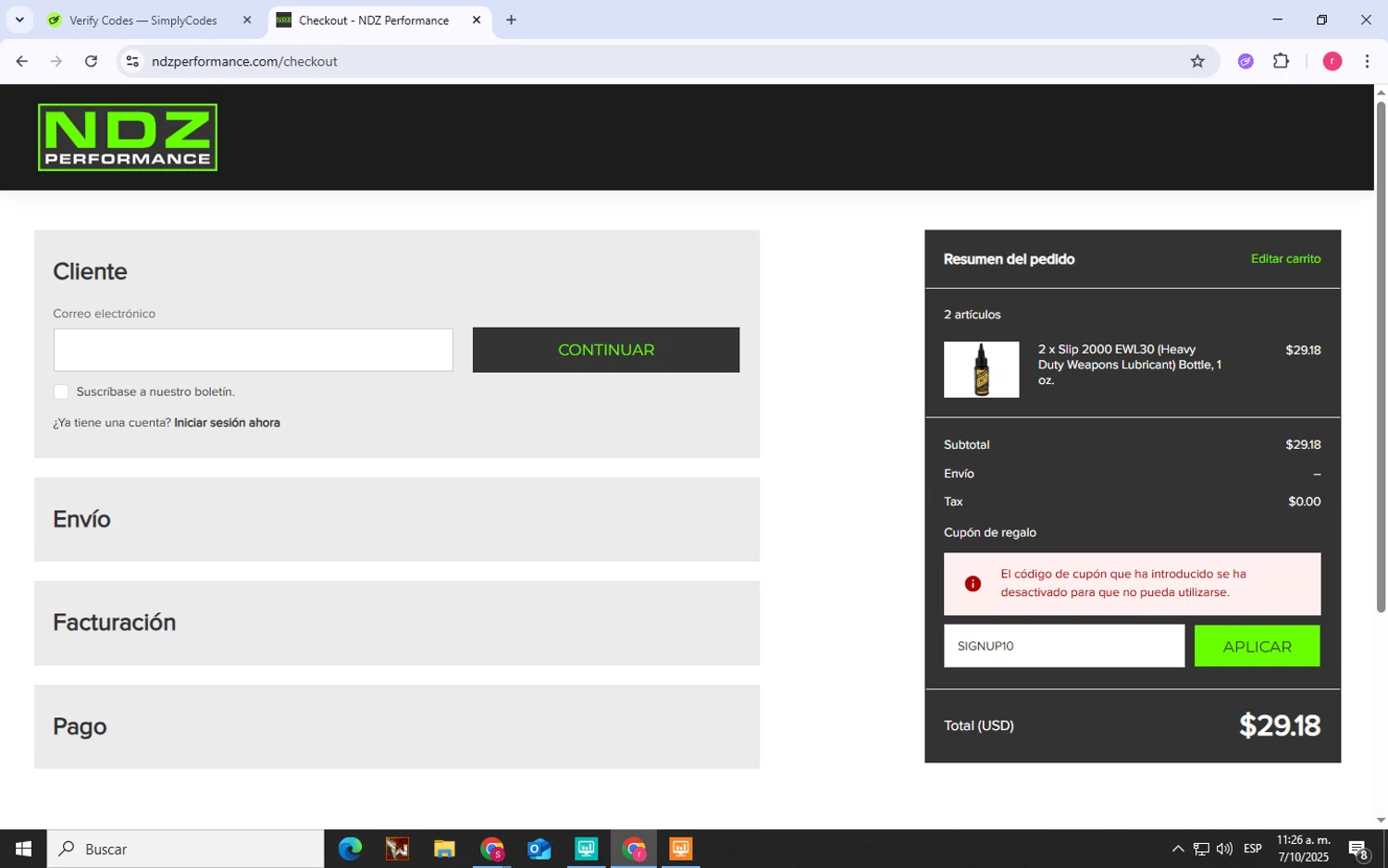NDZ Performance coupon code screenshot showing code SIGNUP10 applied at NDZ Performance checkout page. Uploaded by SimplyCodes community member LegendaryWhiz3517 on Oct 7, 2025