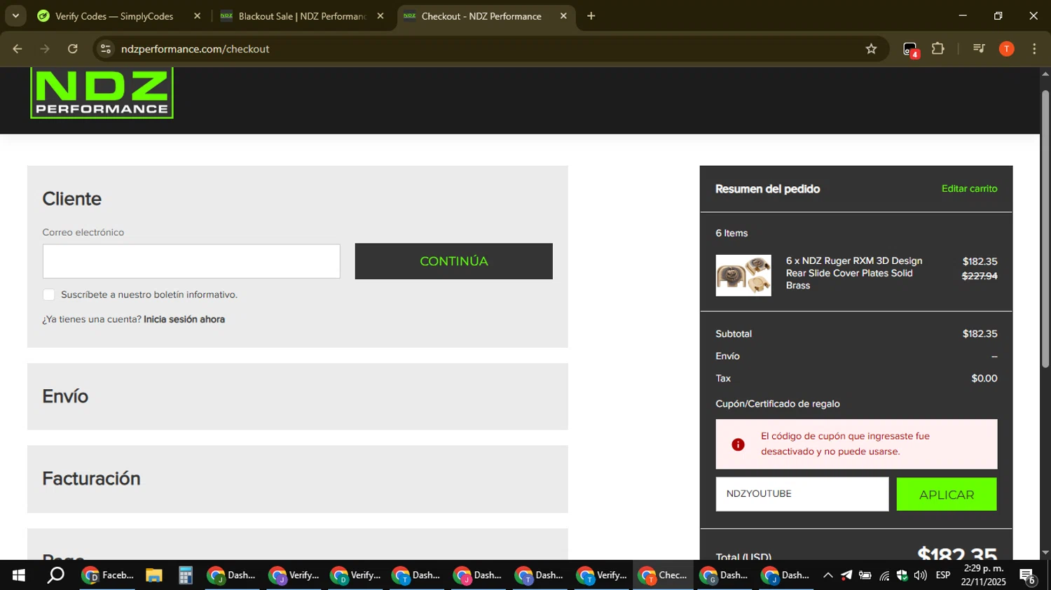 NDZ Performance coupon code screenshot showing code NDZYOUTUBE applied at NDZ Performance checkout page. Uploaded by SimplyCodes community member ShrewdAce8338 on Nov 22, 2025