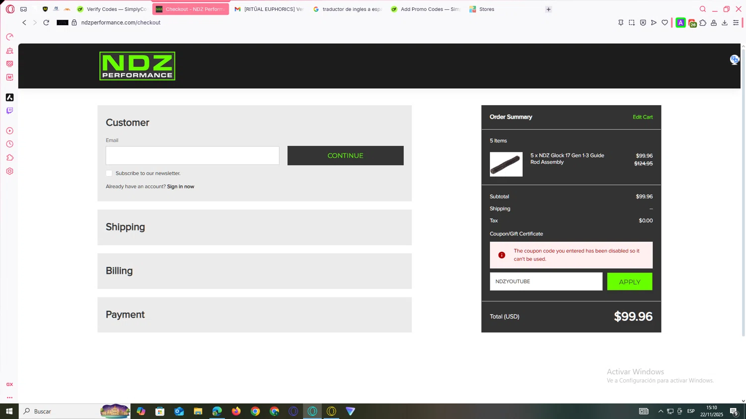 NDZ Performance coupon code screenshot showing code NDZYOUTUBE applied at NDZ Performance checkout page. Uploaded by SimplyCodes community member yanetrod on Nov 22, 2025