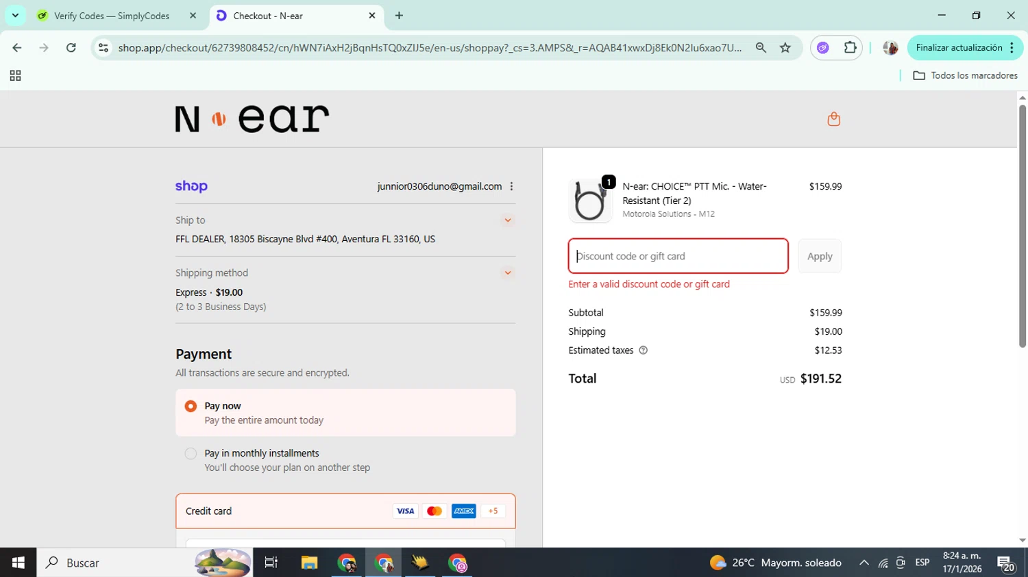 N-ear promo code screenshot showing code VIP10 applied at N-ear checkout page. Uploaded by SimplyCodes community member Mujerdejunnior on Jan 17, 2026
