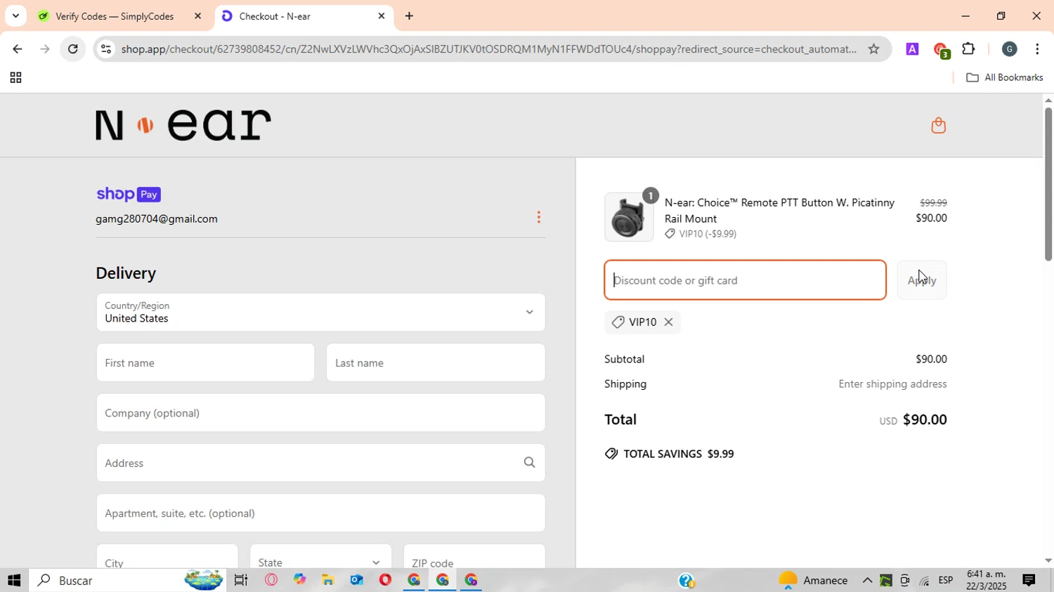 N-ear promo code screenshot showing code VIP10 applied at N-ear checkout page. Uploaded by SimplyCodes community member CrownWizard8571 on Mar 22, 2025