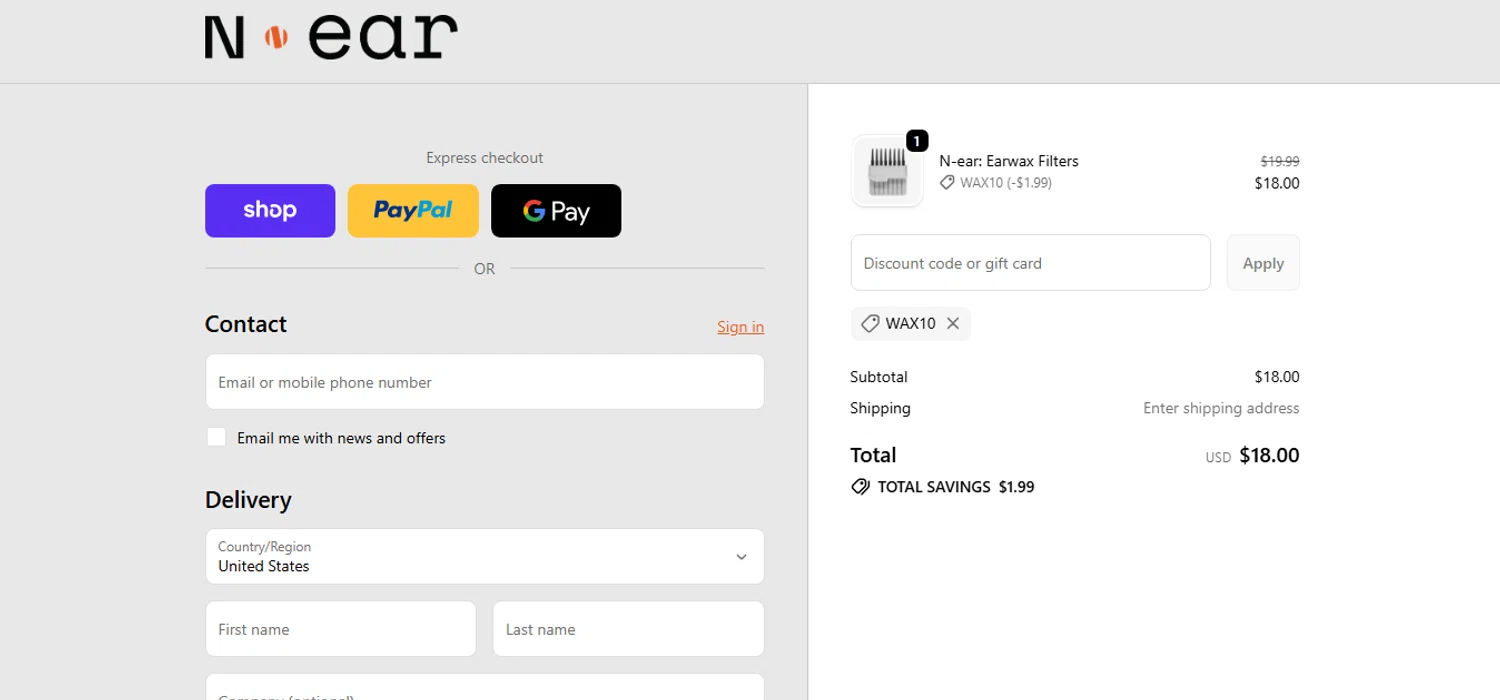 N-ear promo code screenshot showing code WAX10 applied at N-ear checkout page. Uploaded by SimplyCodes community member CashAce9852 on Jan 2, 2026