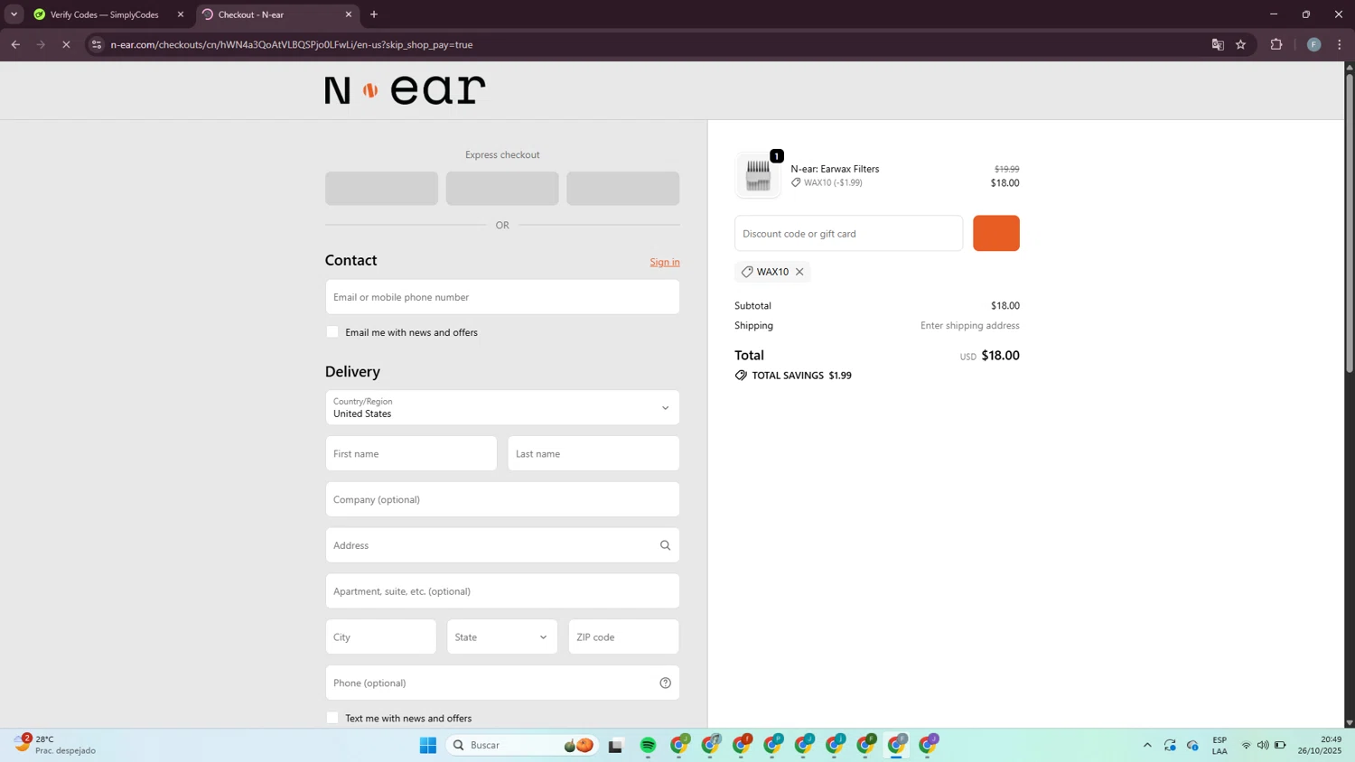 N-ear promo code screenshot showing code WAX10 applied at N-ear checkout page. Uploaded by SimplyCodes community member MagnificentLynx1486 on Oct 27, 2025
