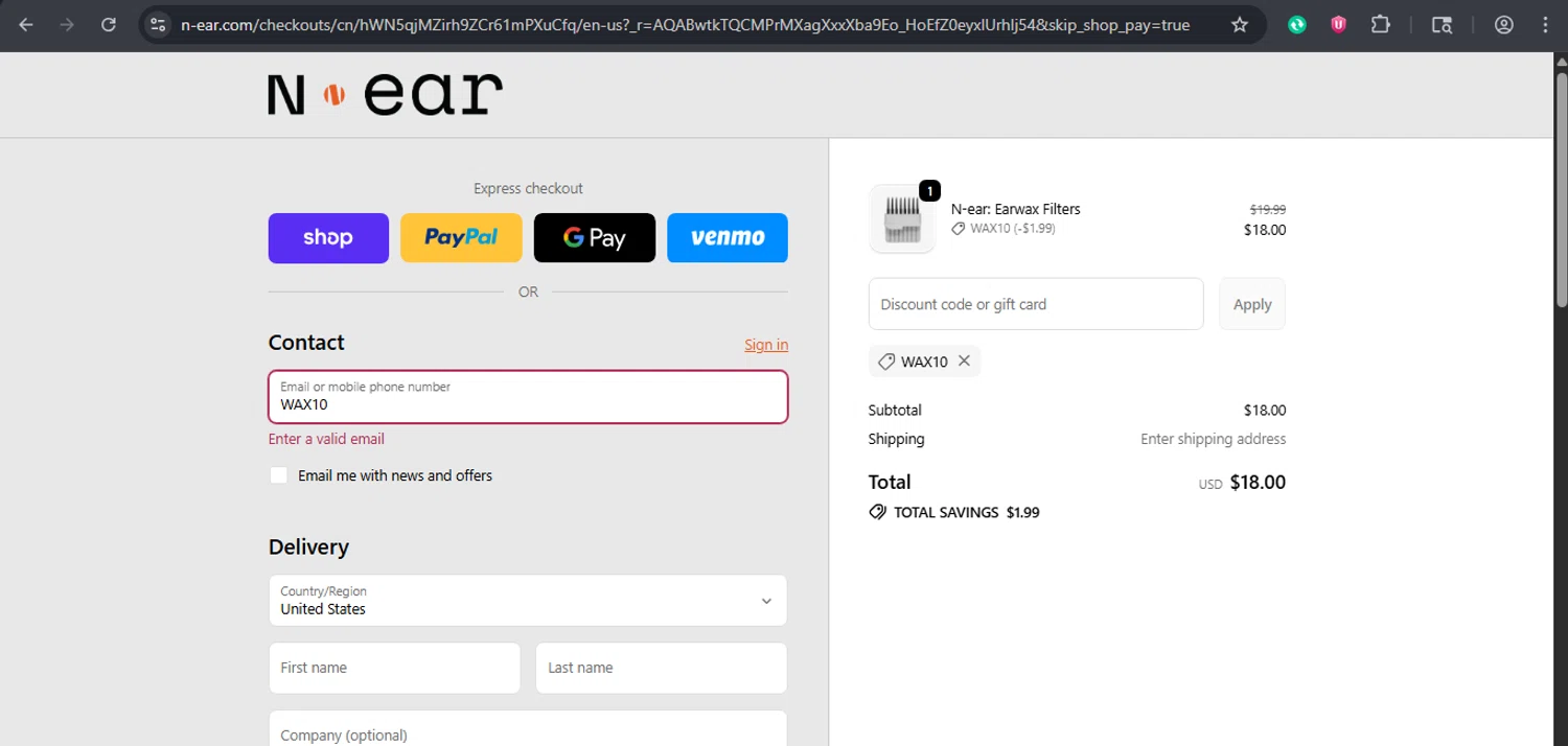 N-ear promo code screenshot showing code WAX10 applied at N-ear checkout page. Uploaded by SimplyCodes community member xaswqe on Nov 29, 2025