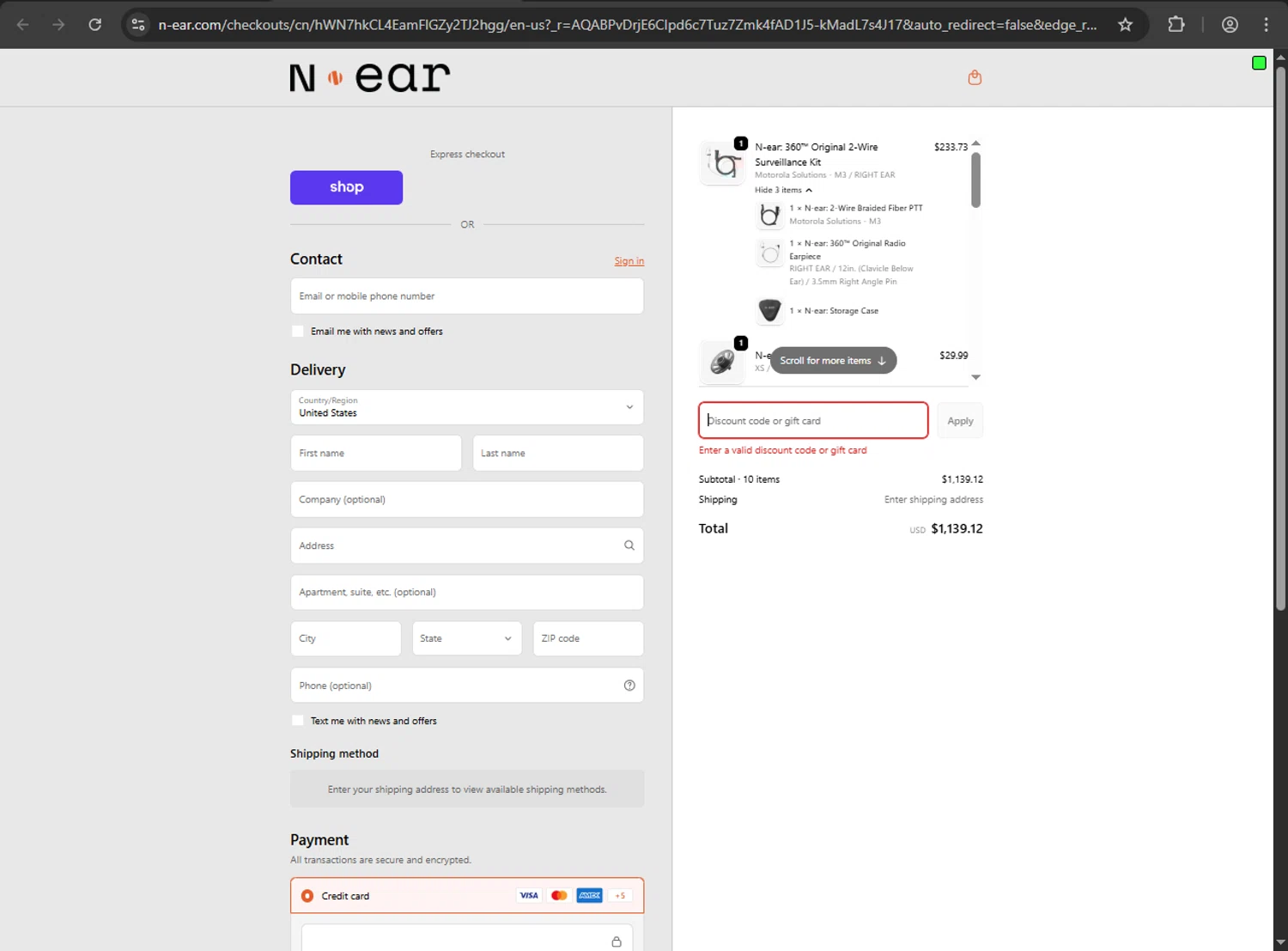 N-ear promo code screenshot showing code EARPIECE10 applied at N-ear checkout page. Uploaded by SimplyCodes community member ShrewdDefender8496 on Jan 17, 2026