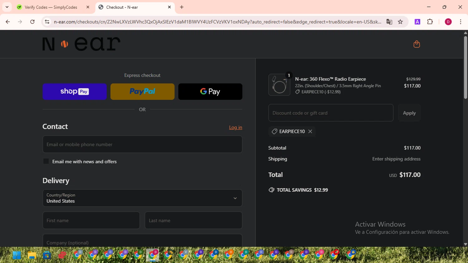 N-ear promo code screenshot showing code EARPIECE10 applied at N-ear checkout page. Uploaded by SimplyCodes community member EpicSaver9948 on Mar 24, 2025