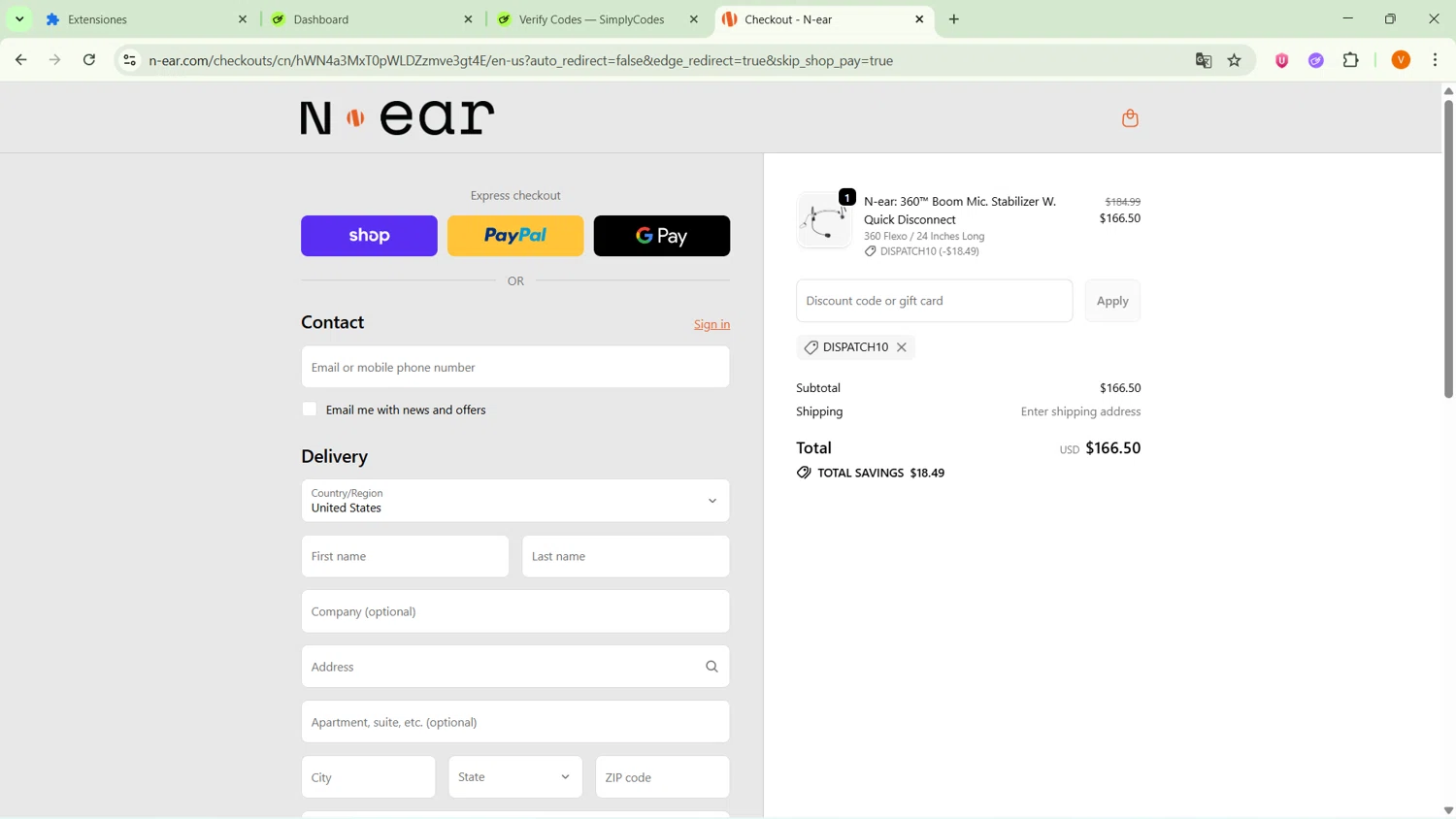 N-ear promo code screenshot showing code DISPATCH10 applied at N-ear checkout page. Uploaded by SimplyCodes community member MightyPro2893 on Oct 27, 2025