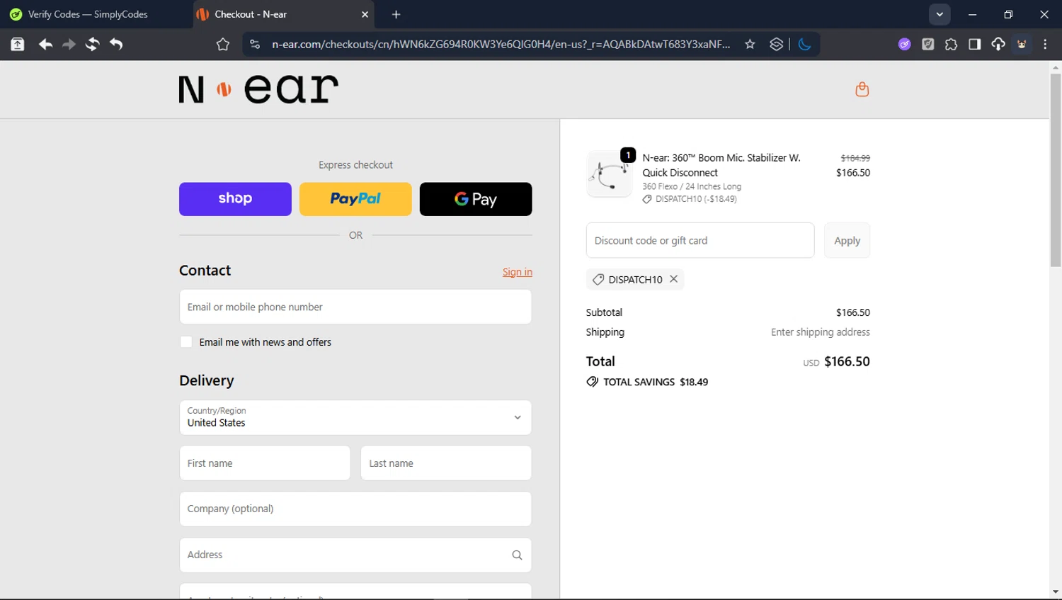 N-ear promo code screenshot showing code DISPATCH10 applied at N-ear checkout page. Uploaded by SimplyCodes community member Userr2 on Dec 23, 2025