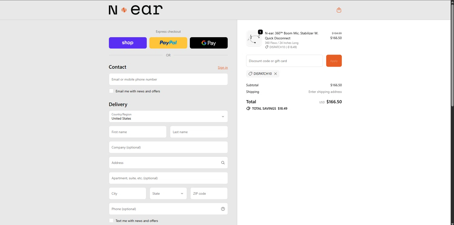 N-ear promo code screenshot showing code DISPATCH10 applied at N-ear checkout page. Uploaded by SimplyCodes community member WonderVirtuoso3484 on Oct 22, 2025