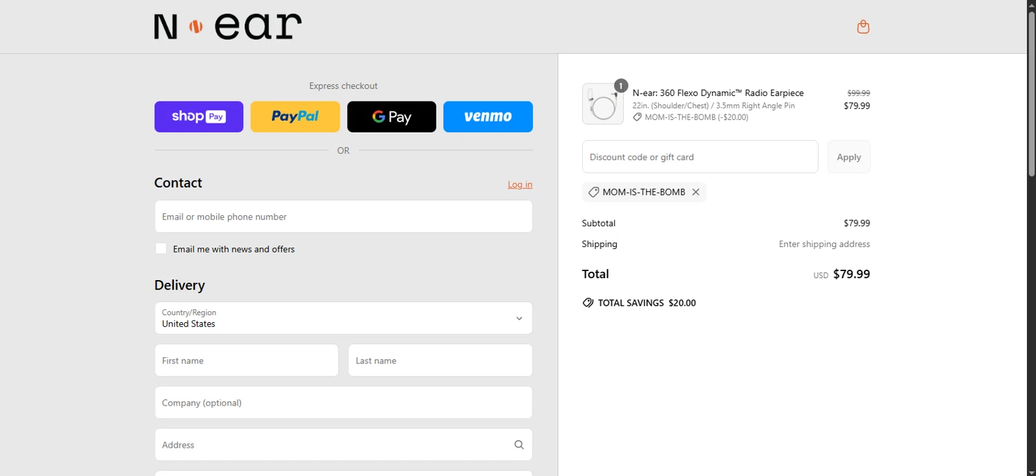 N-ear promo code screenshot showing code MOM-IS-THE-BOMB applied at N-ear checkout page. Uploaded by SimplyCodes community member rapiddeals on May 1, 2025