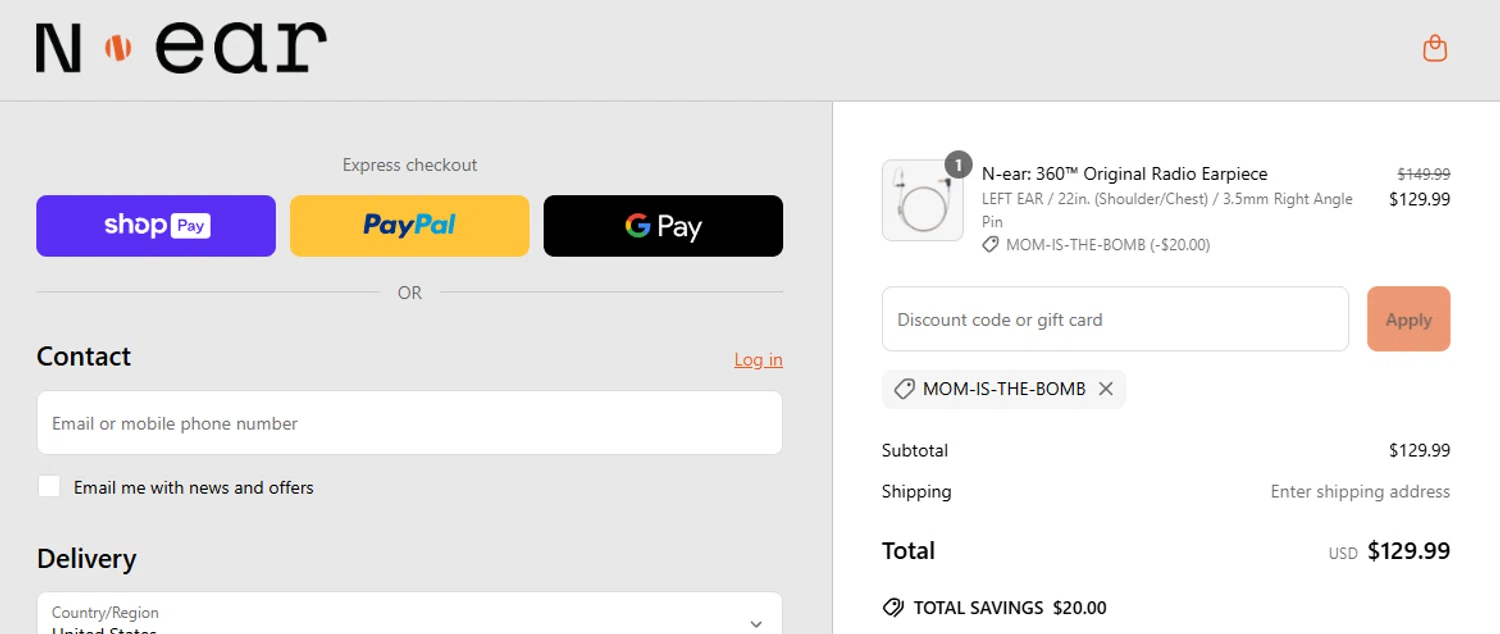 N-ear promo code screenshot showing code MOM-IS-THE-BOMB applied at N-ear checkout page. Uploaded by SimplyCodes community member aumentadax10 on May 1, 2025