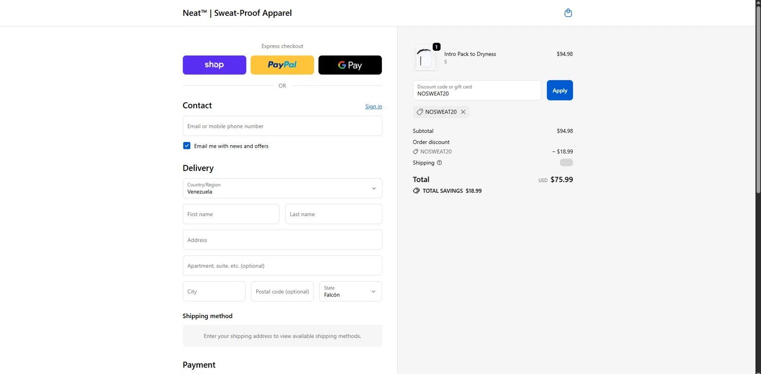 Neat Apparel promo code screenshot showing code NOSWEAT20 applied at Neat Apparel checkout page. Uploaded by SimplyCodes community member Carlosramirez09 on Oct 21, 2025