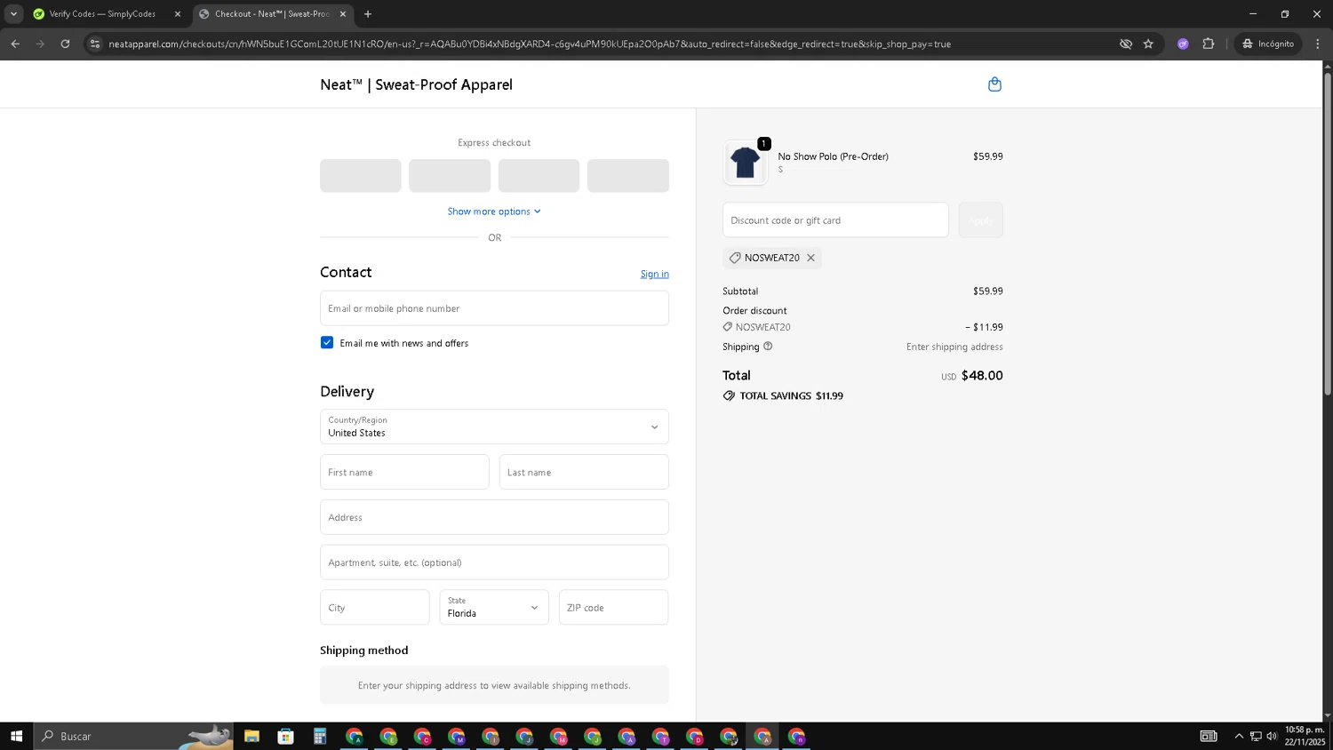 Neat Apparel promo code screenshot showing code NOSWEAT20 applied at Neat Apparel checkout page. Uploaded by SimplyCodes community member SwiftSage2309 on Nov 23, 2025