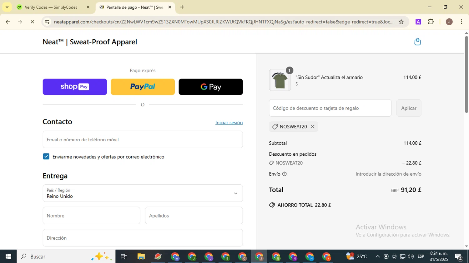 Neat Apparel promo code screenshot showing code NOSWEAT20 applied at Neat Apparel checkout page. Uploaded by SimplyCodes community member ValiantHero2365 on May 31, 2025