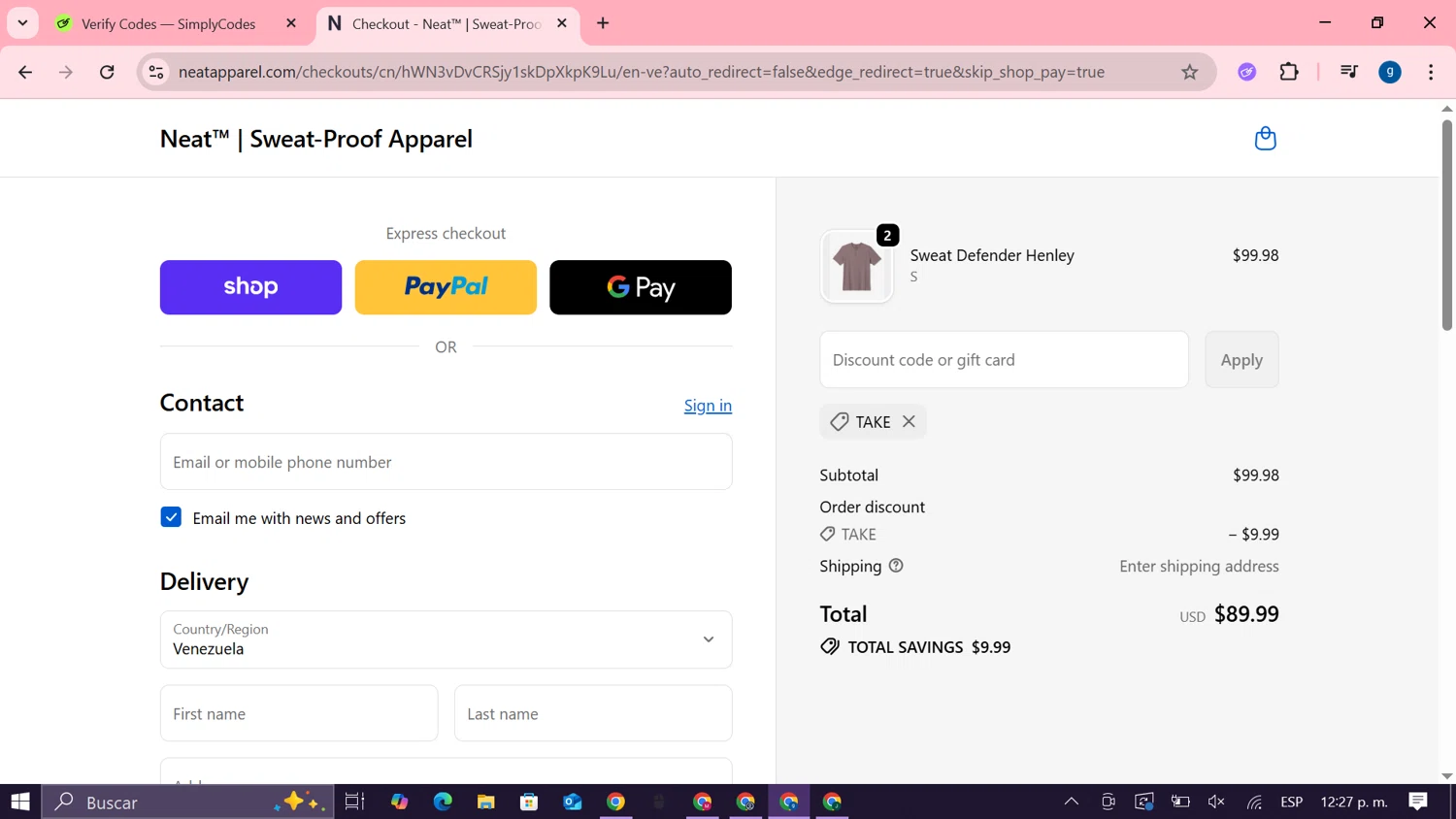 Neat Apparel promo code screenshot showing code take applied at Neat Apparel checkout page. Uploaded by SimplyCodes community member MoneyTiger7289 on Oct 9, 2025