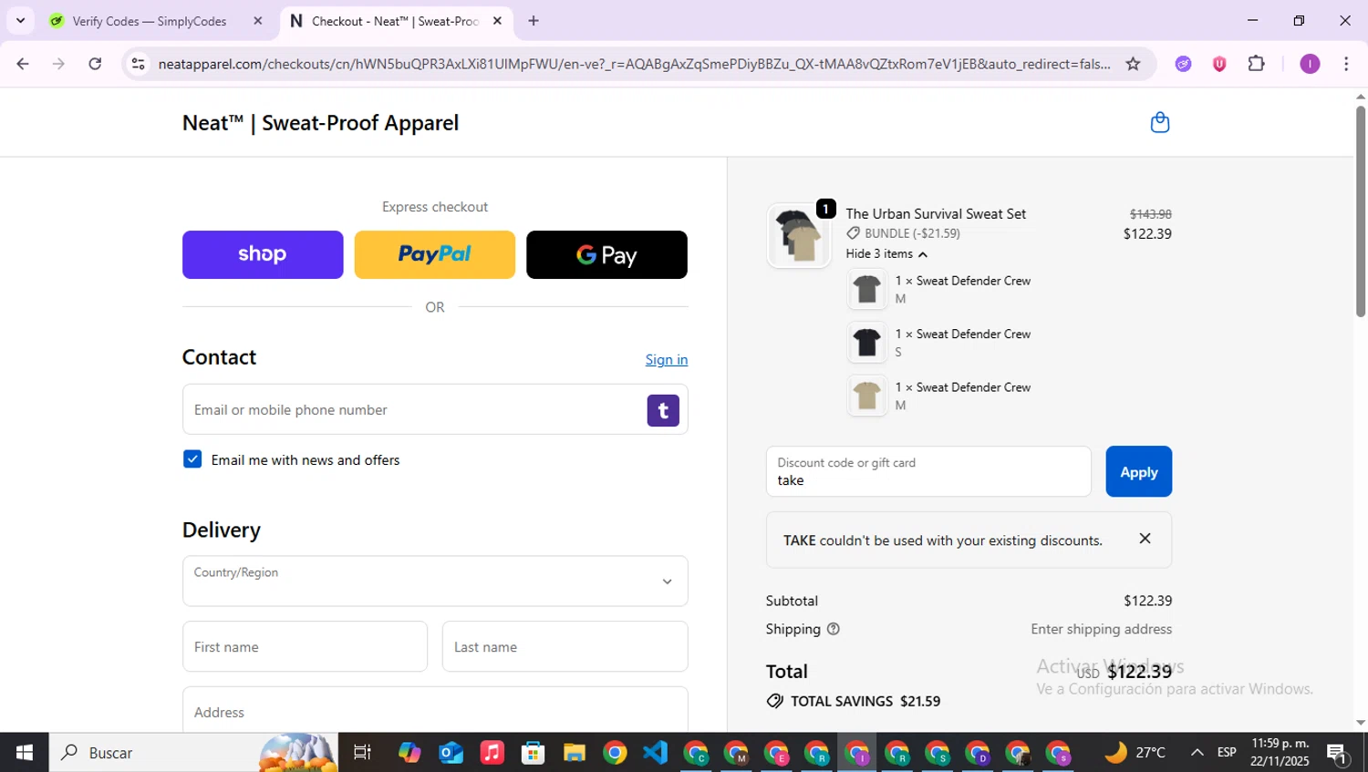 Neat Apparel promo code screenshot showing code take applied at Neat Apparel checkout page. Uploaded by SimplyCodes community member RebateAce6764 on Nov 23, 2025
