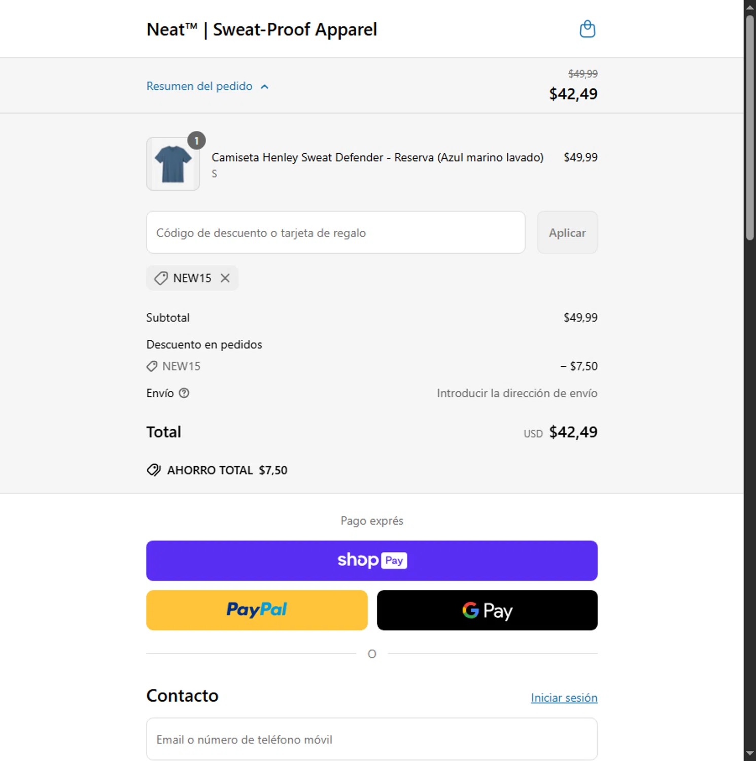 Neat Apparel promo code screenshot showing code NEW15 applied at Neat Apparel checkout page. Uploaded by SimplyCodes community member Alejandra10 on Jun 30, 2025