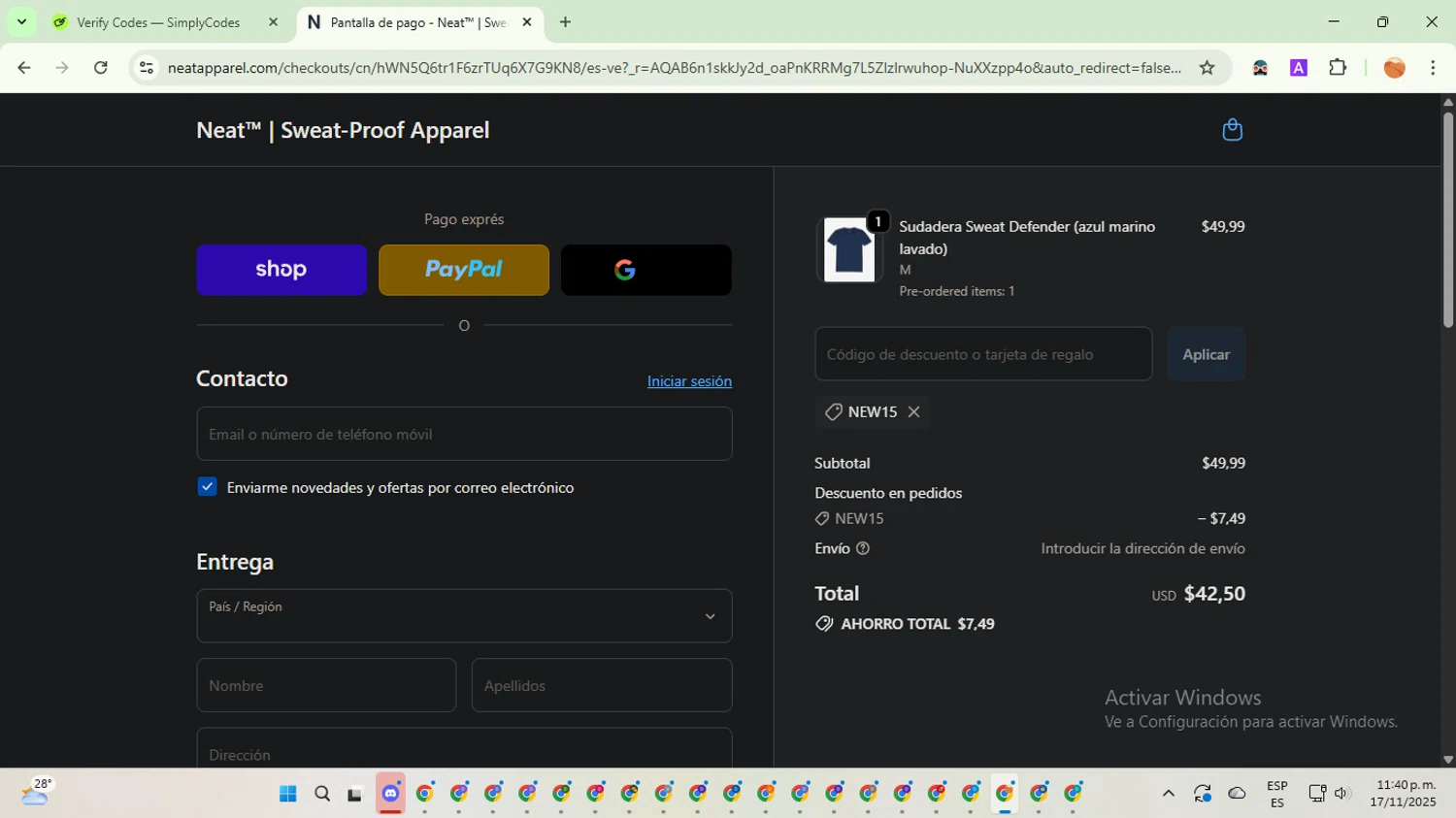 Neat Apparel promo code screenshot showing code NEW15 applied at Neat Apparel checkout page. Uploaded by SimplyCodes community member TreasureSentinel5290 on Nov 18, 2025