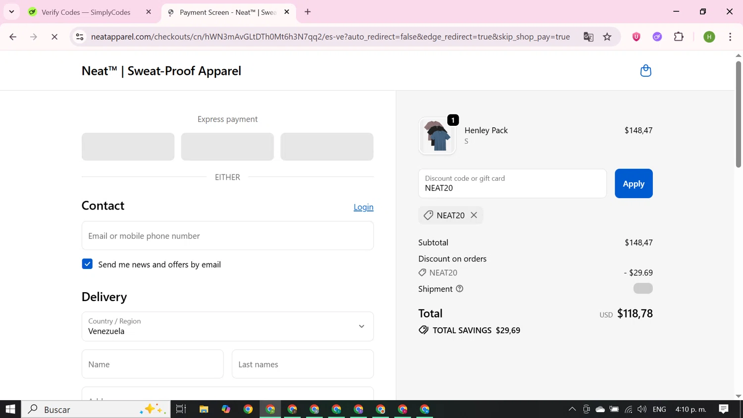 Neat Apparel promo code screenshot showing code NEAT20 applied at Neat Apparel checkout page. Uploaded by SimplyCodes community member BudgetFalcon2689 on Oct 5, 2025