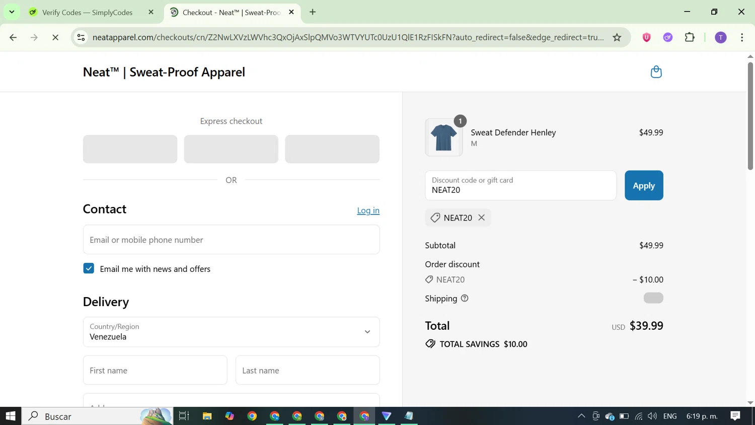 Neat Apparel promo code screenshot showing code NEAT20 applied at Neat Apparel checkout page. Uploaded by SimplyCodes community member FortunateCurator5882 on Jul 8, 2025