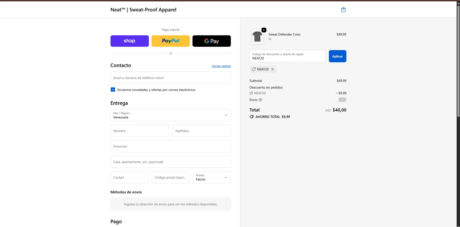 Neat Apparel promo code screenshot showing code NEAT20 applied at Neat Apparel checkout page. Uploaded by SimplyCodes community member ValueGenius9720 on Oct 17, 2025