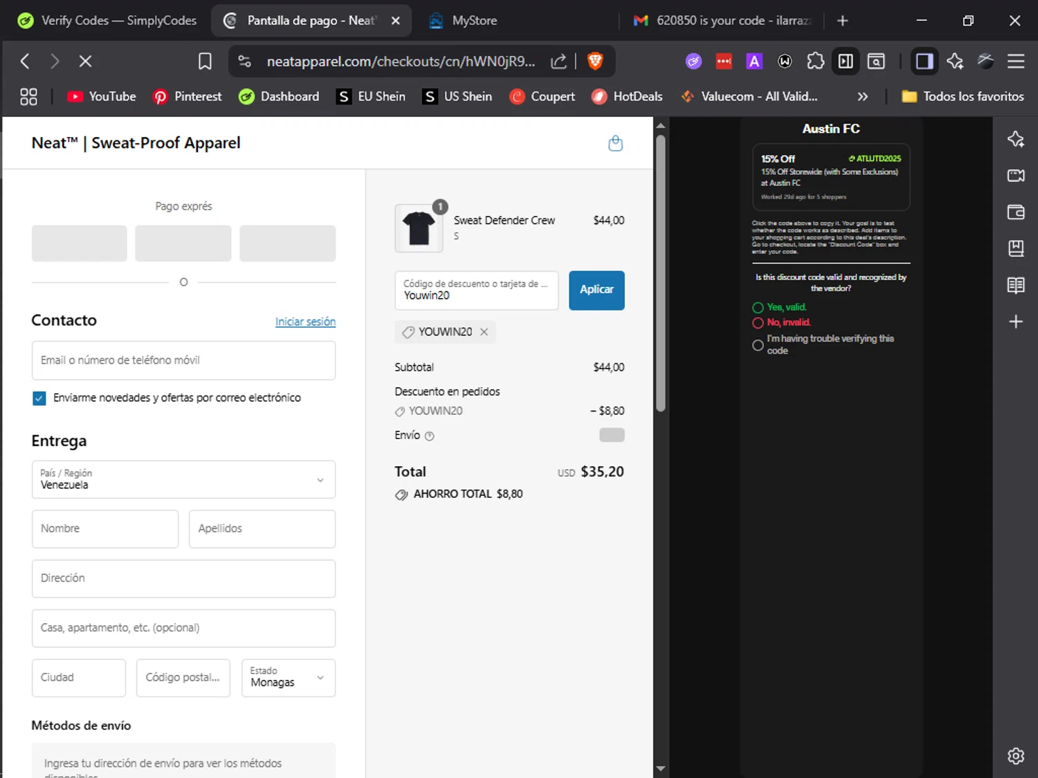 Neat Apparel promo code screenshot showing code Youwin20 applied at Neat Apparel checkout page. Uploaded by SimplyCodes community member ilarrazaM1 on Jul 17, 2025