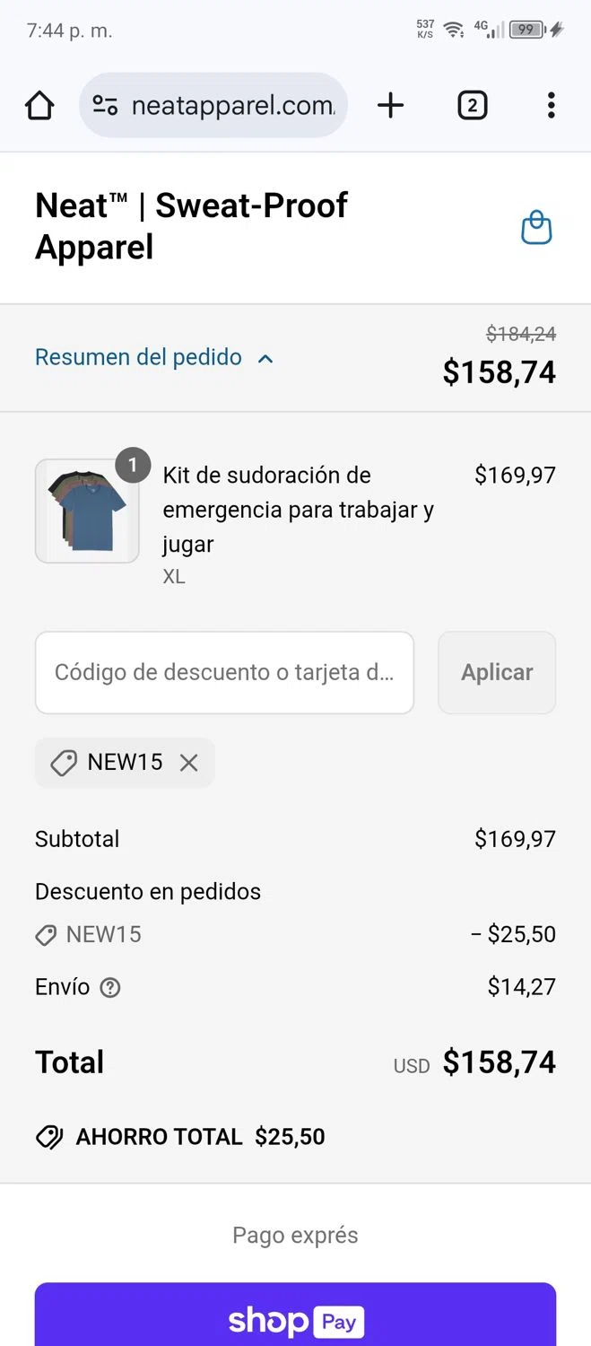 Neat Apparel promo code screenshot showing code NEW15 applied at Neat Apparel checkout page. Uploaded by SimplyCodes community member Luis0101 on Jun 30, 2025