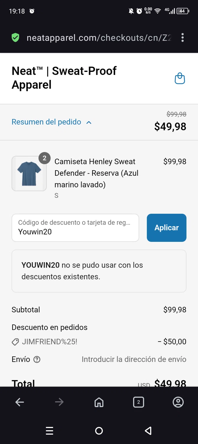 Neat Apparel promo code screenshot showing code Youwin20 applied at Neat Apparel checkout page. Uploaded by SimplyCodes community member Olivatle37 on Jul 9, 2025