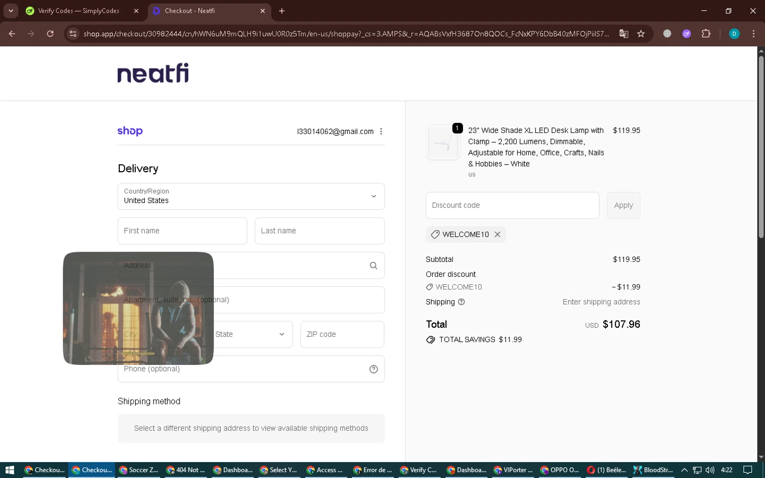 Neatfi promo code screenshot showing code WELCOME10 applied at Neatfi checkout page. Uploaded by SimplyCodes community member BonusPilot3825 on Dec 27, 2025