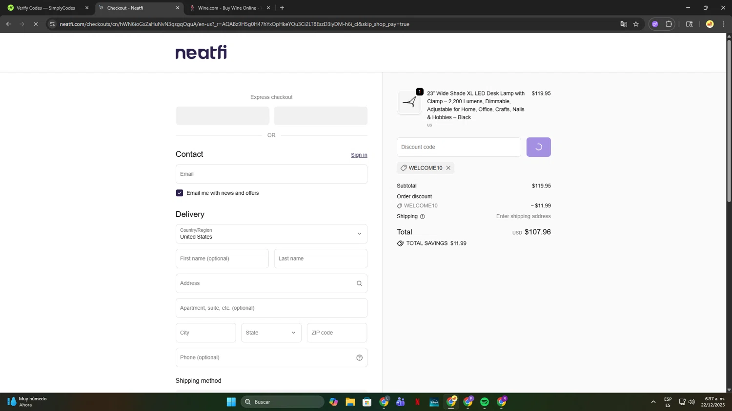 Neatfi promo code screenshot showing code WELCOME10 applied at Neatfi checkout page. Uploaded by SimplyCodes community member nahhhh on Dec 22, 2025
